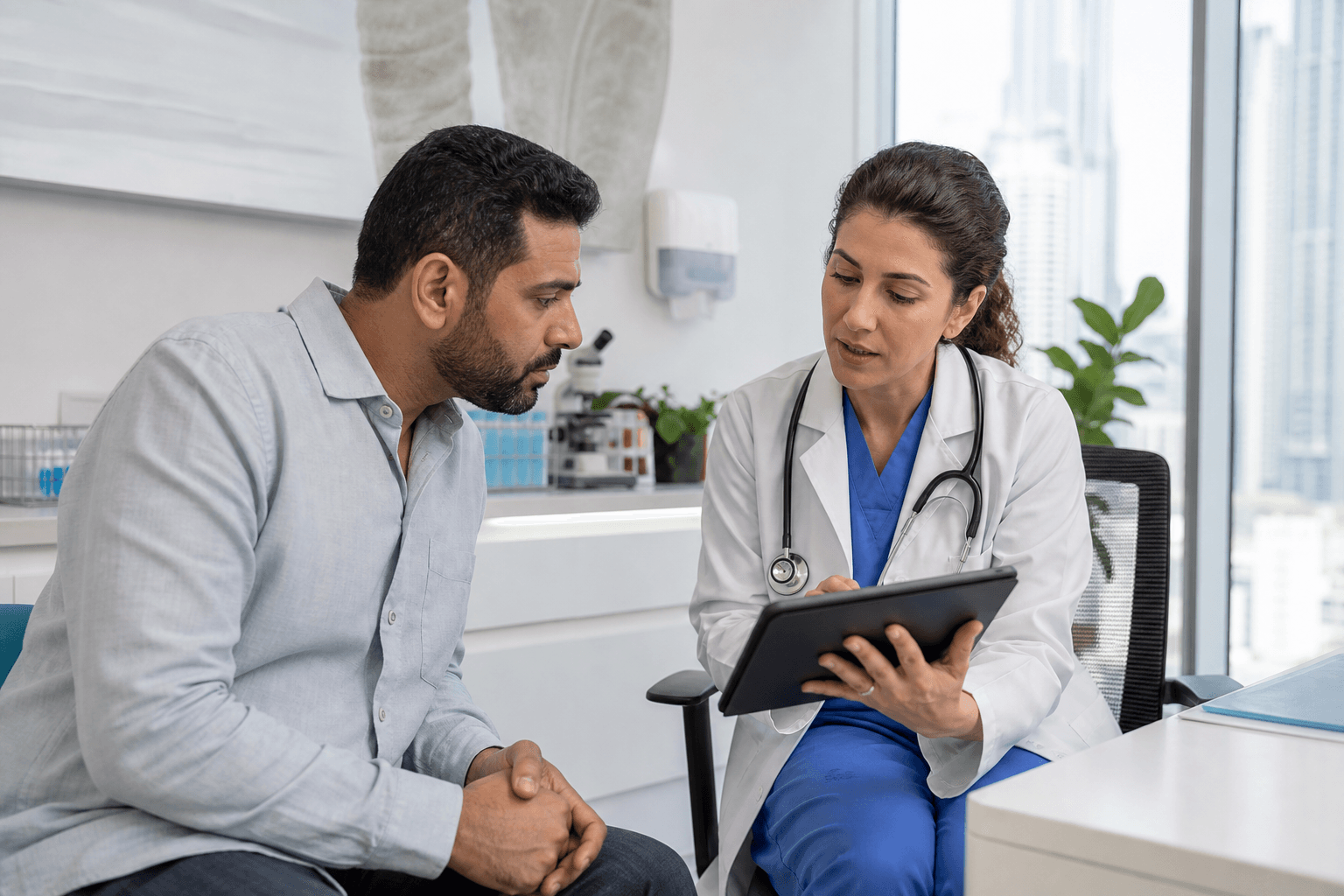Doctor listening to a patient during a private medical consultation